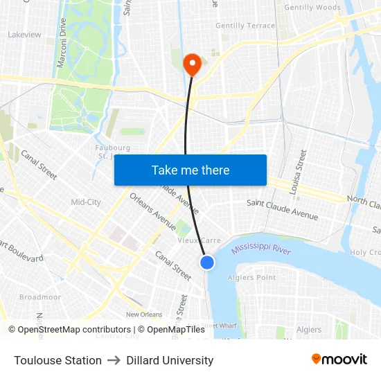 Toulouse Station to Dillard University map