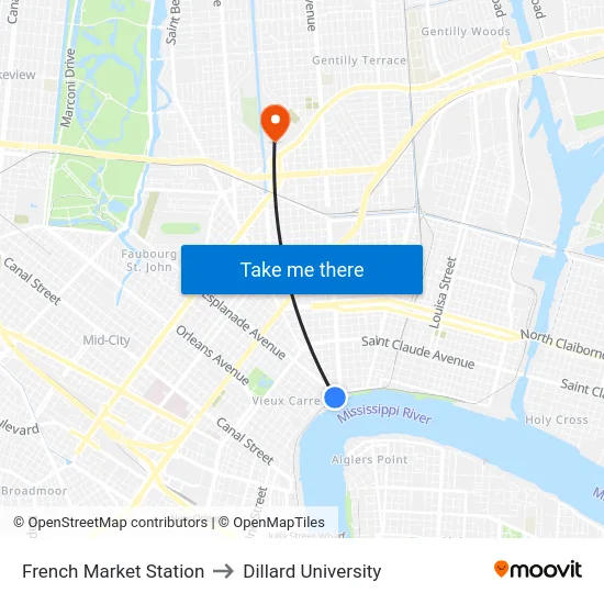 French Market Station to Dillard University map