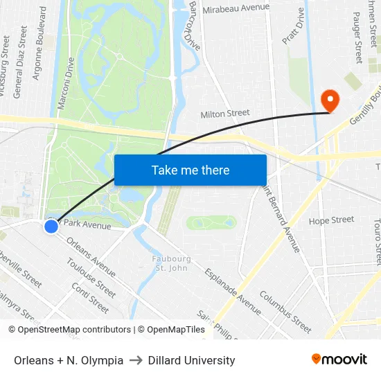 Orleans + N. Olympia to Dillard University map