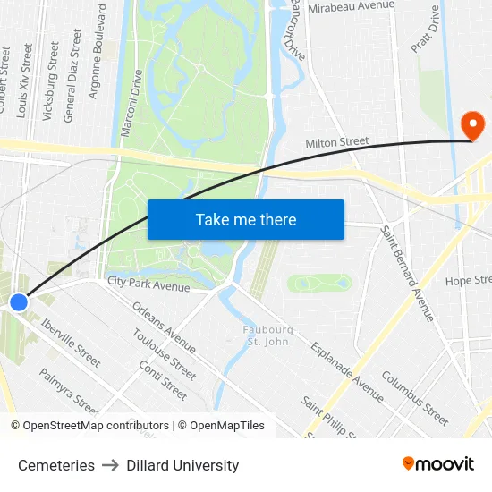 Cemeteries to Dillard University map