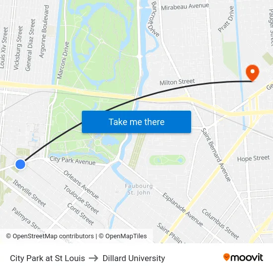 City Park at St Louis to Dillard University map