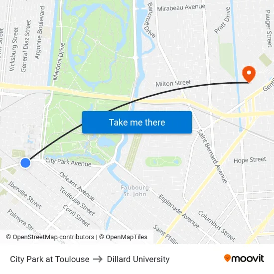 City Park at Toulouse to Dillard University map