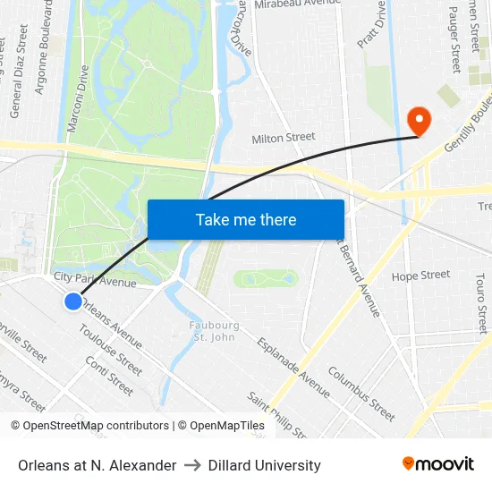 Orleans at N. Alexander to Dillard University map