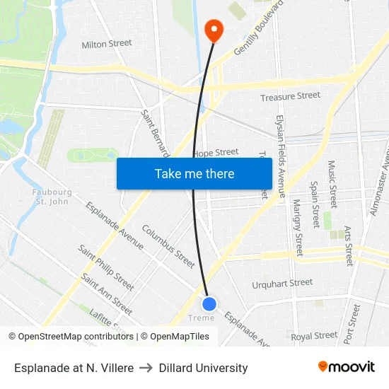 Esplanade at N. Villere to Dillard University map
