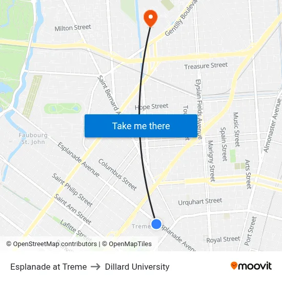 Esplanade at Treme to Dillard University map