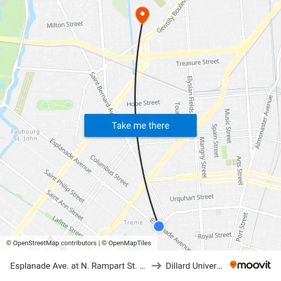 Esplanade Ave. at N. Rampart St. (Far) to Dillard University map
