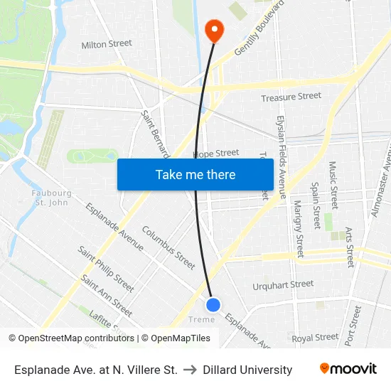 Esplanade Ave. at N. Villere St. to Dillard University map