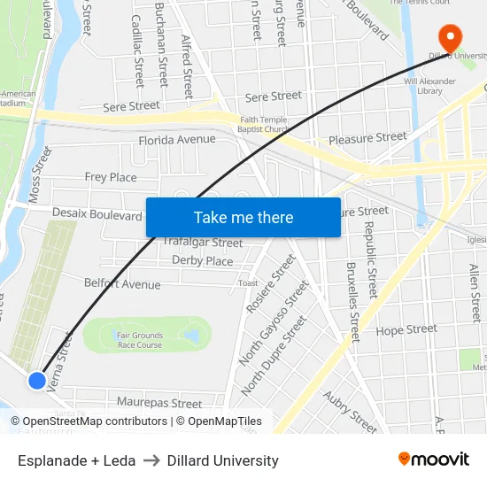 Esplanade + Leda to Dillard University map