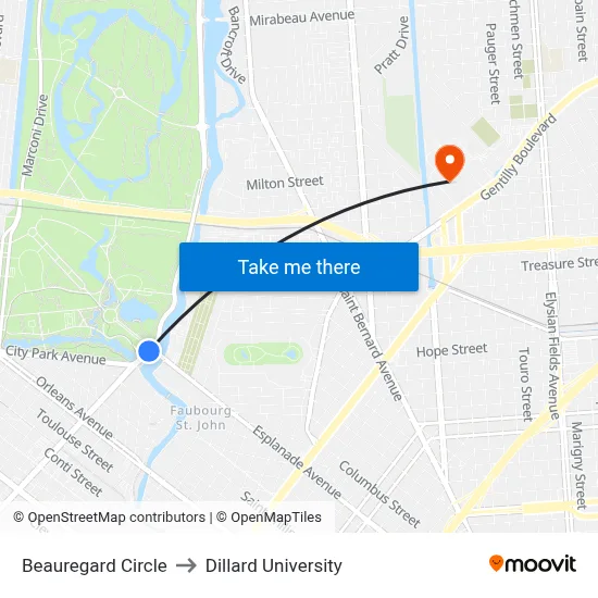 Beauregard Circle to Dillard University map