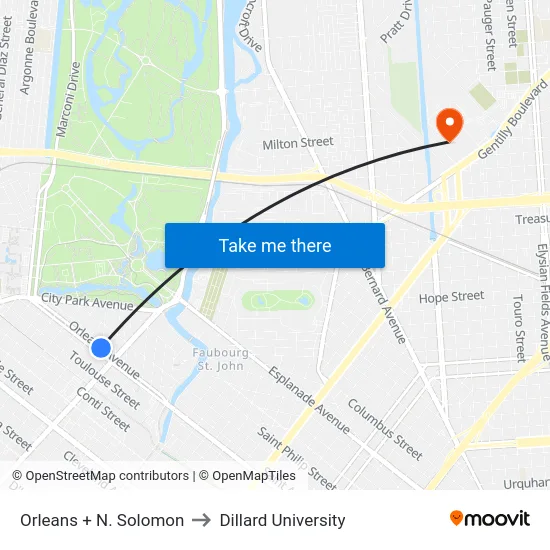 Orleans + N. Solomon to Dillard University map