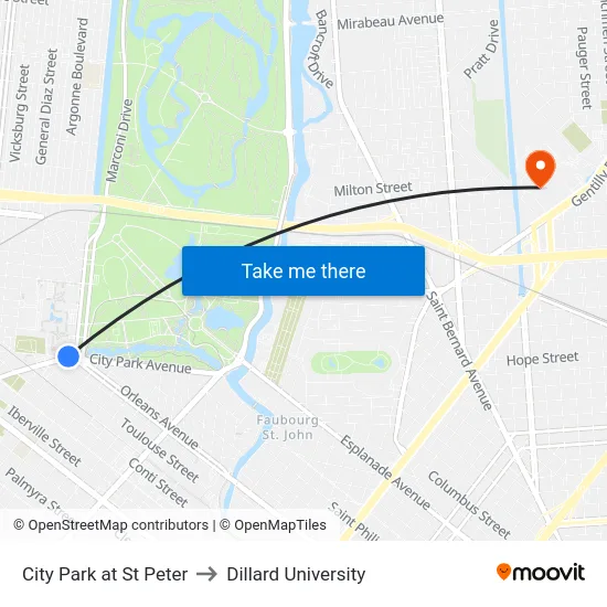 City Park at St Peter to Dillard University map