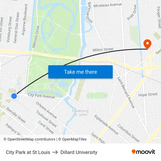 City Park at St Louis to Dillard University map