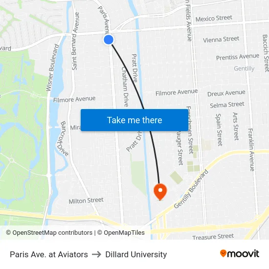 Paris Ave. at Aviators to Dillard University map