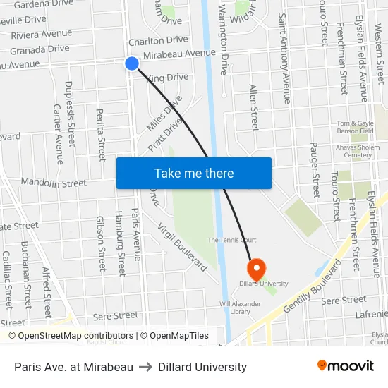 Paris Ave. at Mirabeau to Dillard University map