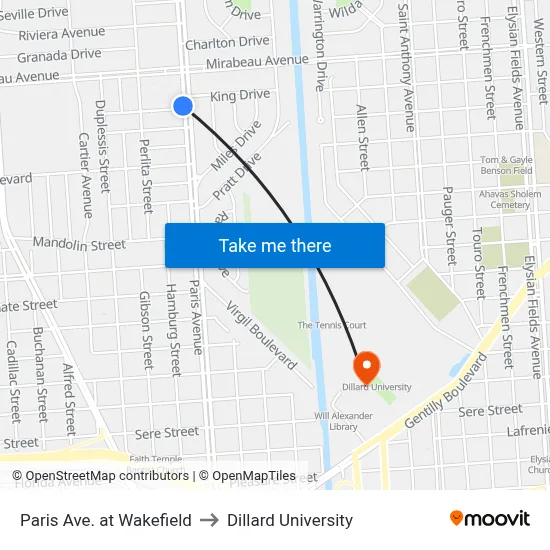 Paris Ave. at Wakefield to Dillard University map