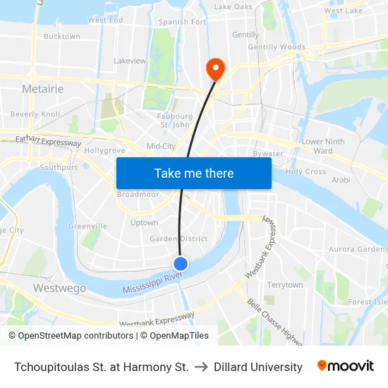 Tchoupitoulas St. at Harmony St. to Dillard University map