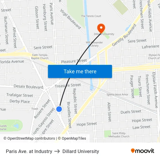 Paris Ave. at Industry to Dillard University map