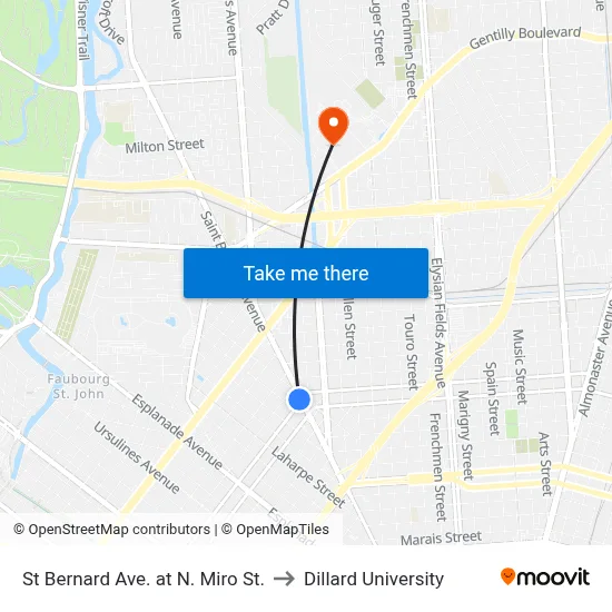 St Bernard Ave. at N. Miro St. to Dillard University map