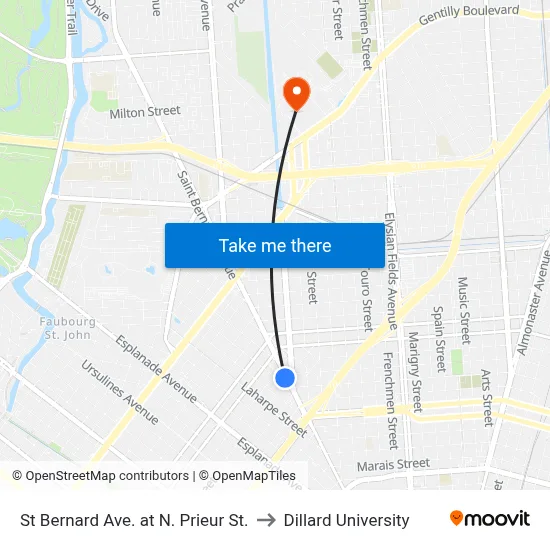 St Bernard Ave. at N. Prieur St. to Dillard University map