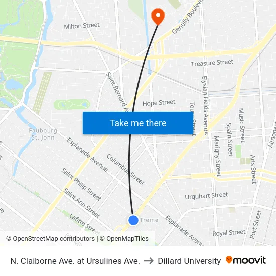 N. Claiborne Ave. at Ursulines Ave. to Dillard University map