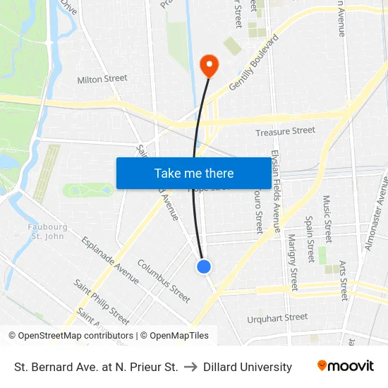 St. Bernard Ave. at N. Prieur St. to Dillard University map