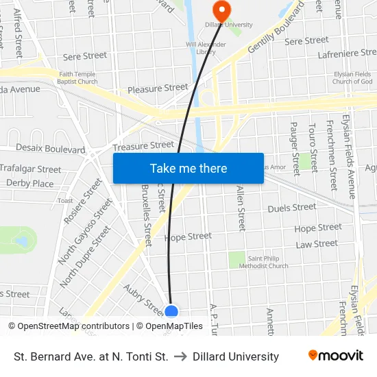 St. Bernard Ave. at N. Tonti St. to Dillard University map