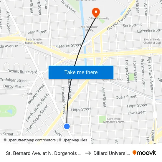 St. Bernard Ave. at N. Dorgenois St. to Dillard University map