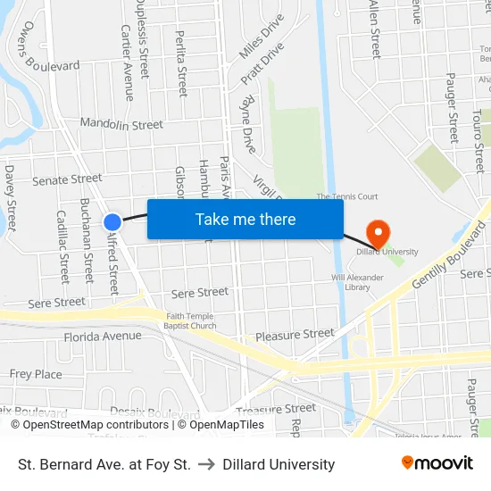 St. Bernard Ave. at Foy St. to Dillard University map