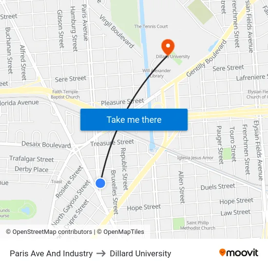 Paris Ave And Industry to Dillard University map