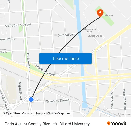 Paris Ave. at Gentilly Blvd. to Dillard University map