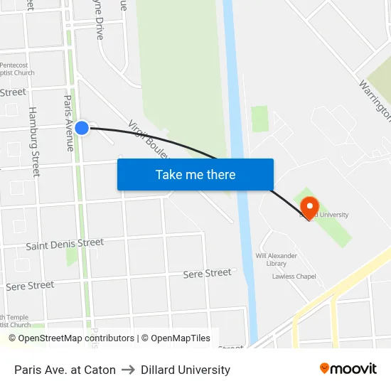 Paris Ave. at Caton St. to Dillard University map