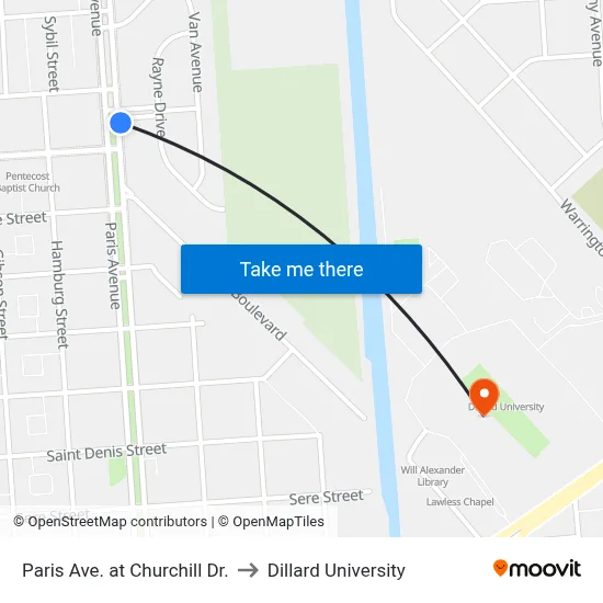 Paris Ave. at Churchill Dr. to Dillard University map