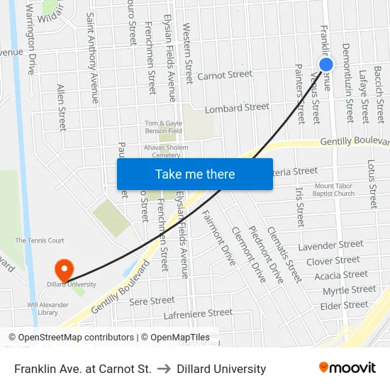 Franklin Ave. at Carnot St. to Dillard University map