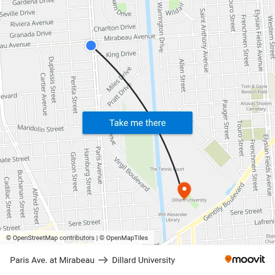 Paris Ave. at Mirabeau to Dillard University map