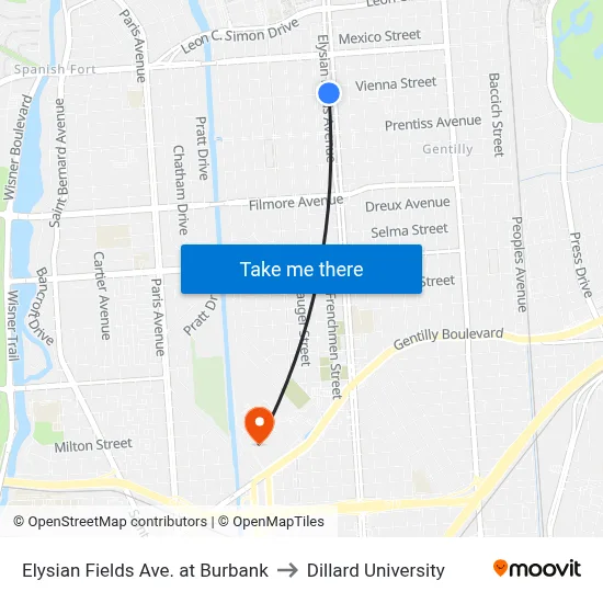 Elysian Fields Ave. at Burbank to Dillard University map