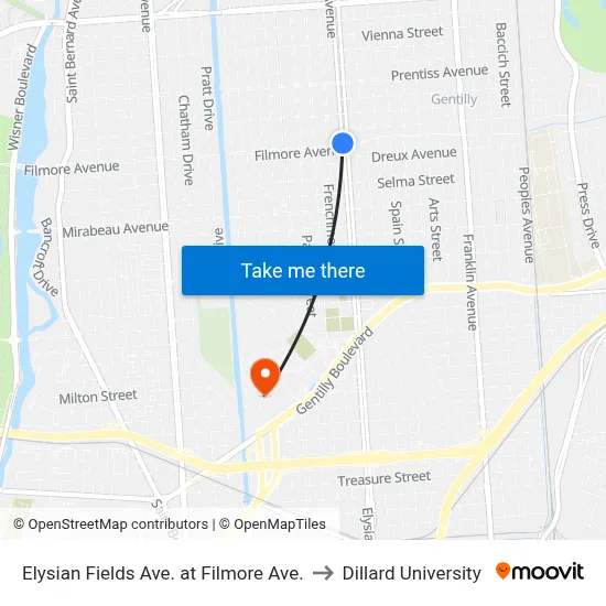 Elysian Fields Ave. at Filmore Ave. to Dillard University map