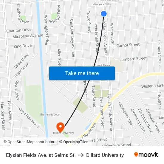 Elysian Fields Ave. at Selma St. to Dillard University map