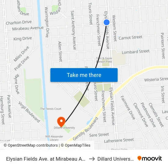 Elysian Fields Ave. at Mirabeau Ave. to Dillard University map
