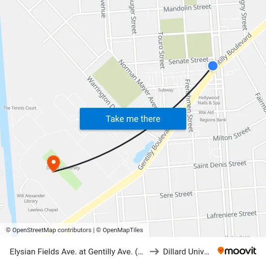 Elysian Fields Ave. at Gentilly Ave. (Nearside) to Dillard University map