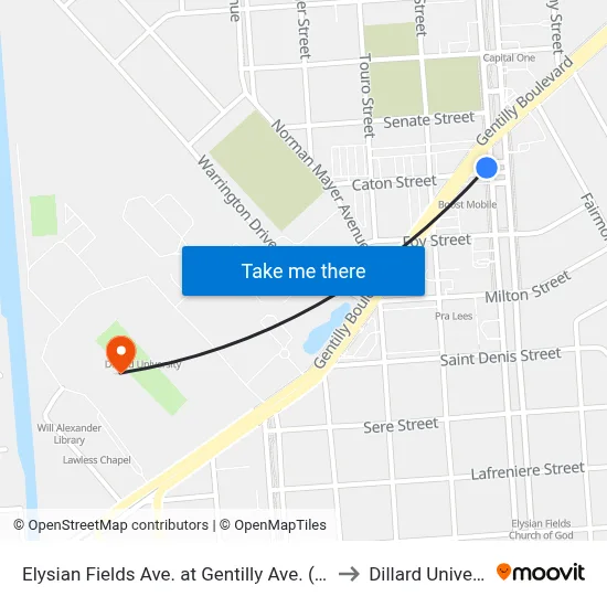 Elysian Fields Ave. at Gentilly Ave. (Farside) to Dillard University map
