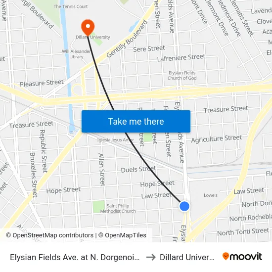 Elysian Fields Ave. at N. Dorgenois St. to Dillard University map