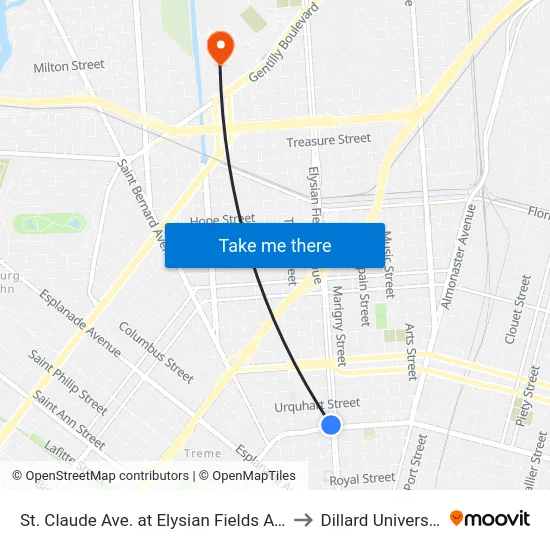 St. Claude Ave. at Elysian Fields Ave. to Dillard University map