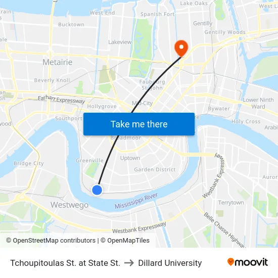Tchoupitoulas St. at State St. to Dillard University map