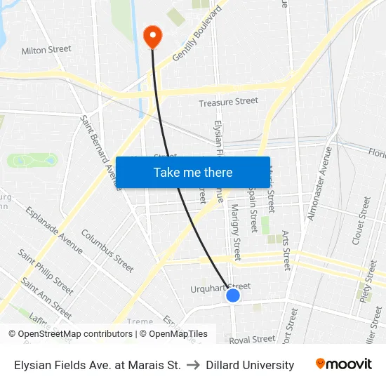 Elysian Fields Ave. at Marais St. to Dillard University map