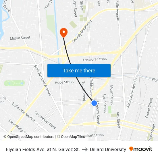 Elysian Fields Ave. at N. Galvez St. to Dillard University map