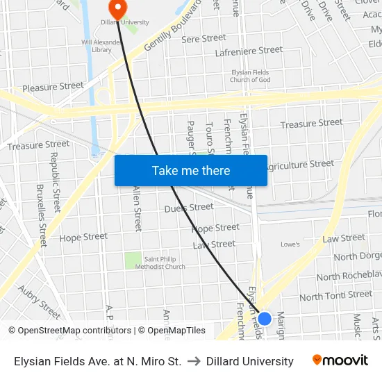 Elysian Fields Ave. at N. Miro St. to Dillard University map