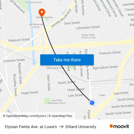 Elysian Fields Ave. at Lowe's to Dillard University map