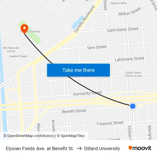 Elysian Fields Ave. at Benefit St. to Dillard University map