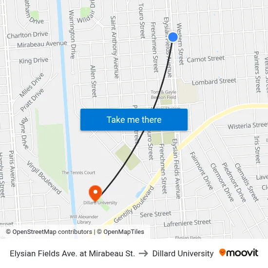 Elysian Fields Ave. at Mirabeau St. to Dillard University map