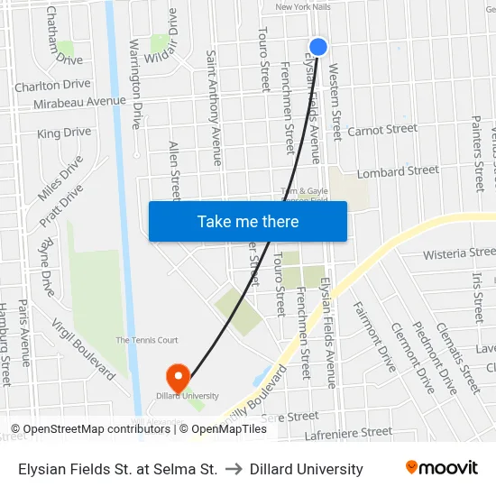Elysian Fields St. at Selma St. to Dillard University map